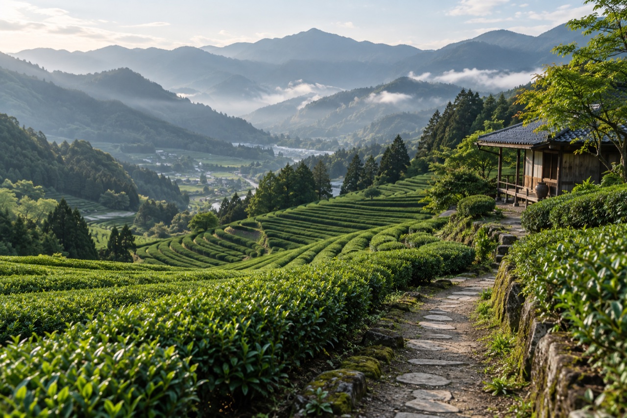 A quiet path through green tea fields, with a wooden house and misty mountain ridges